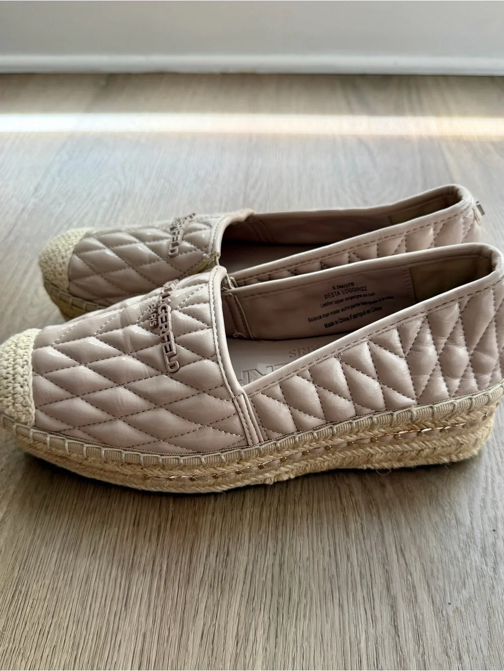 Karl Lagerfeld Paris Leather Quilted Design Cream Espadrille Flats